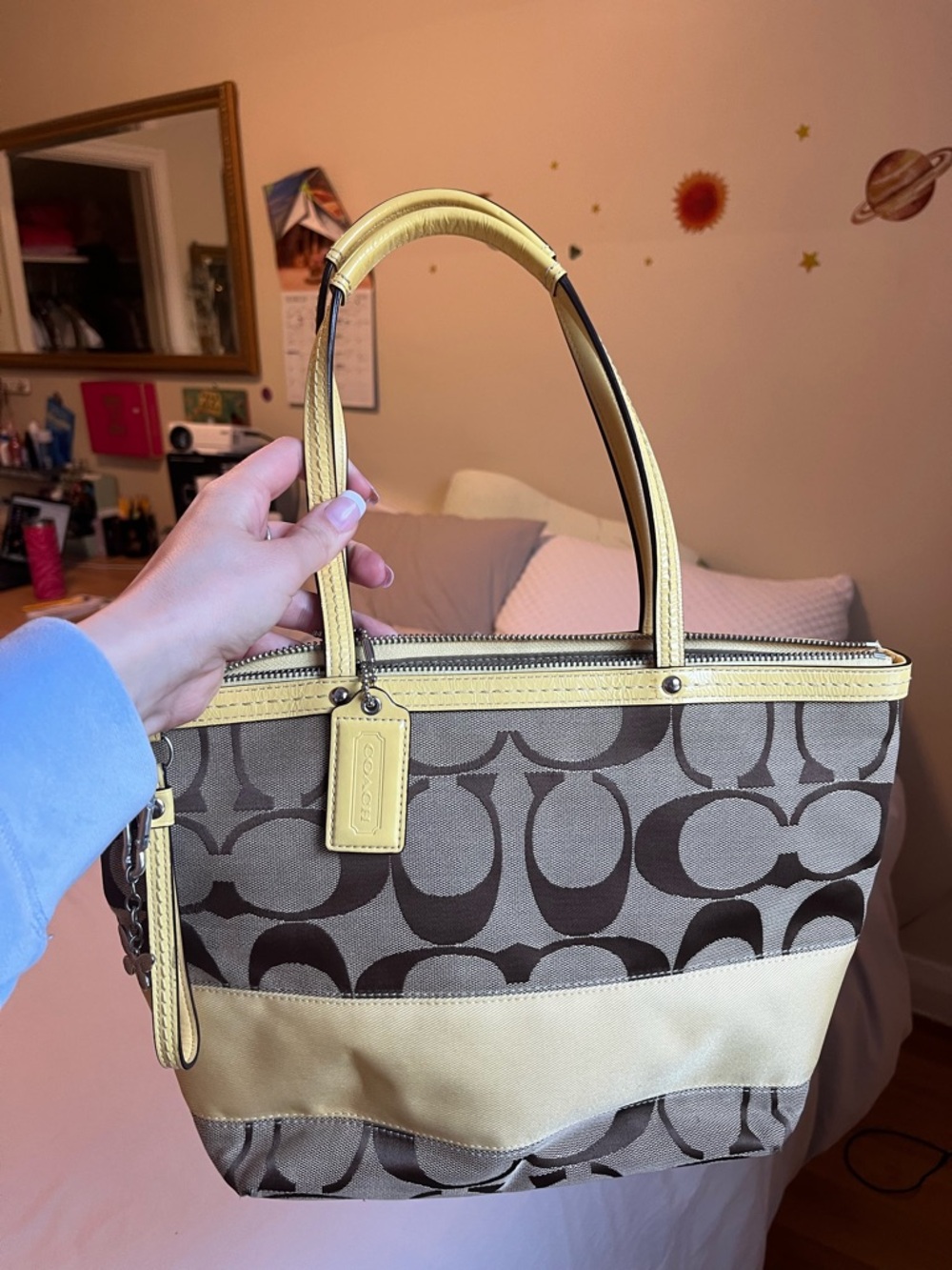 Coach Brown Signature Canvas Tote with Yellow Trim
